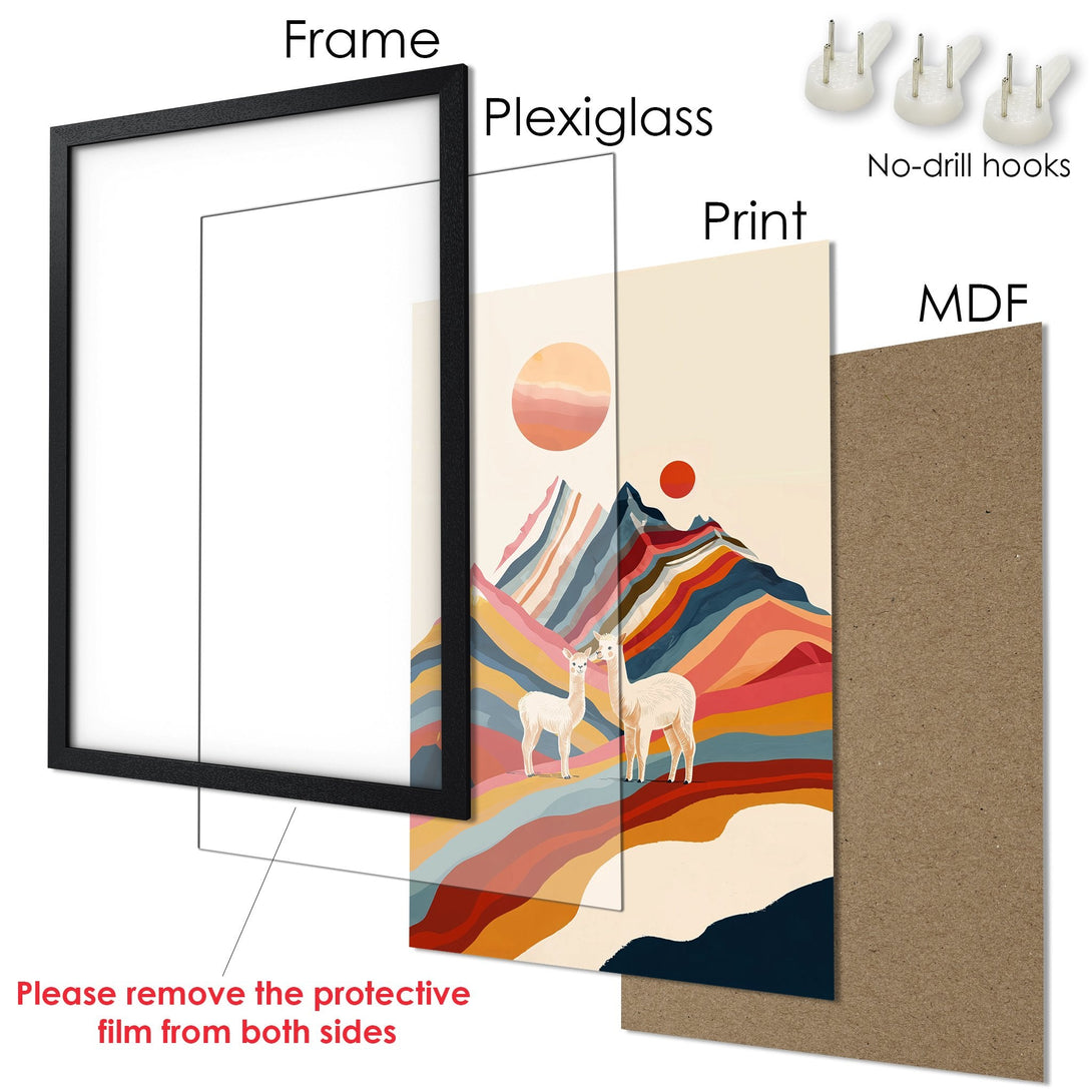 Framed Poster featuring abstract mountain art with llamas. Earthy tones and modern style. Ready to hang wall art.