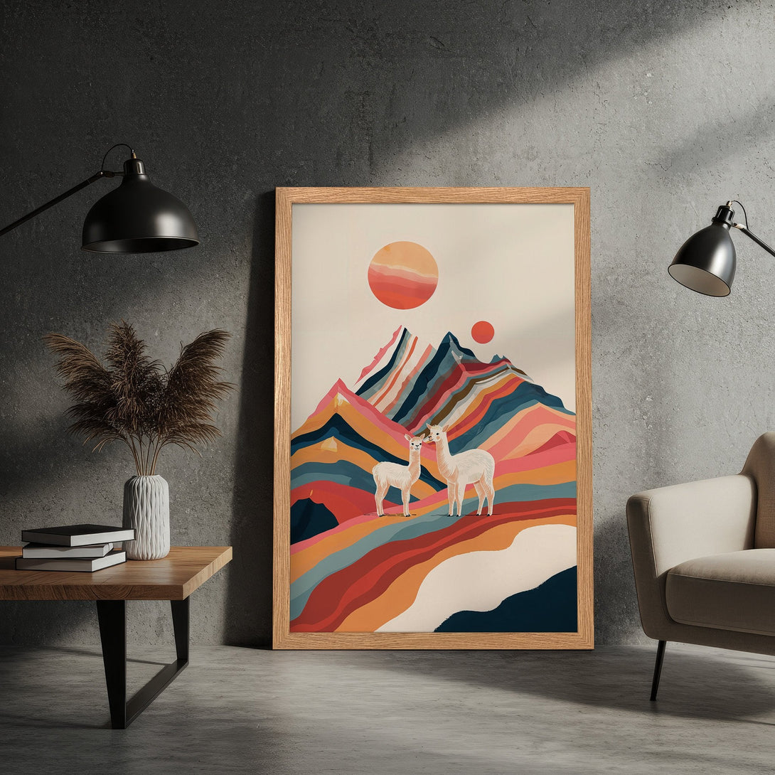 Framed Poster featuring llamas in a colorful, abstract mountain landscape. Earthy tones and warm hues create a cozy, modern art style.