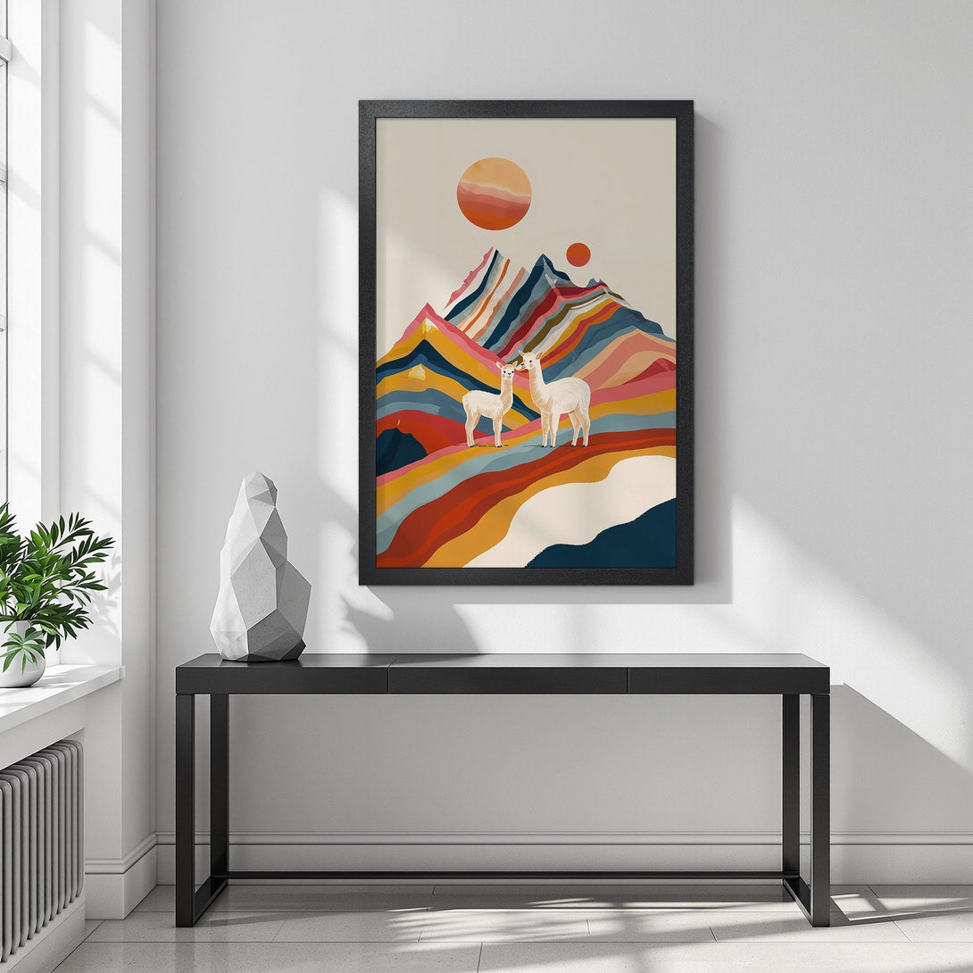Framed Poster featuring llamas in a colorful, abstract mountain landscape. Warm, earthy tones and a modern style make this poster a perfect home decor accent.
