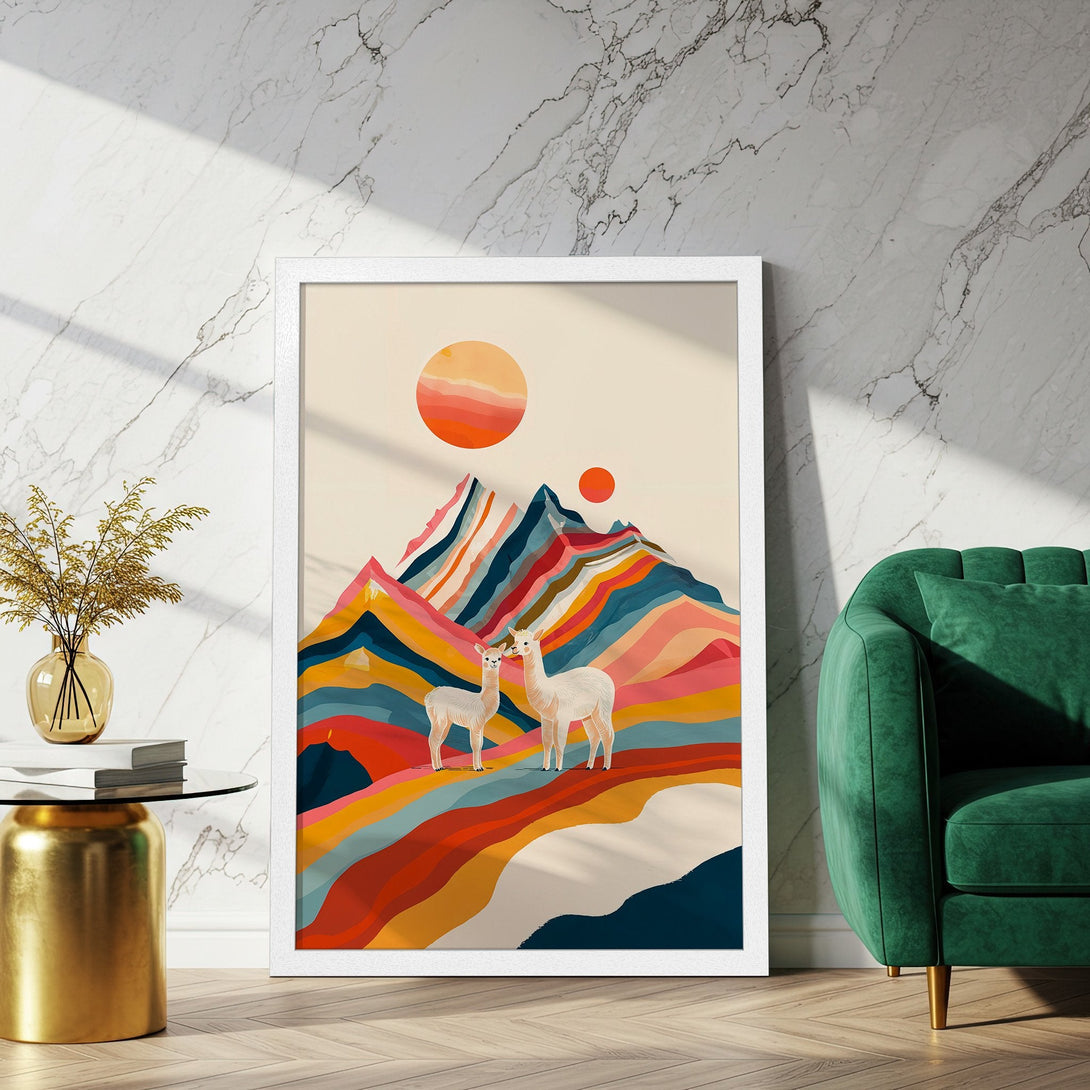 Framed Poster featuring colorful mountain and llama art. Modern art style with warm, vibrant color palette. Perfect wall decor.