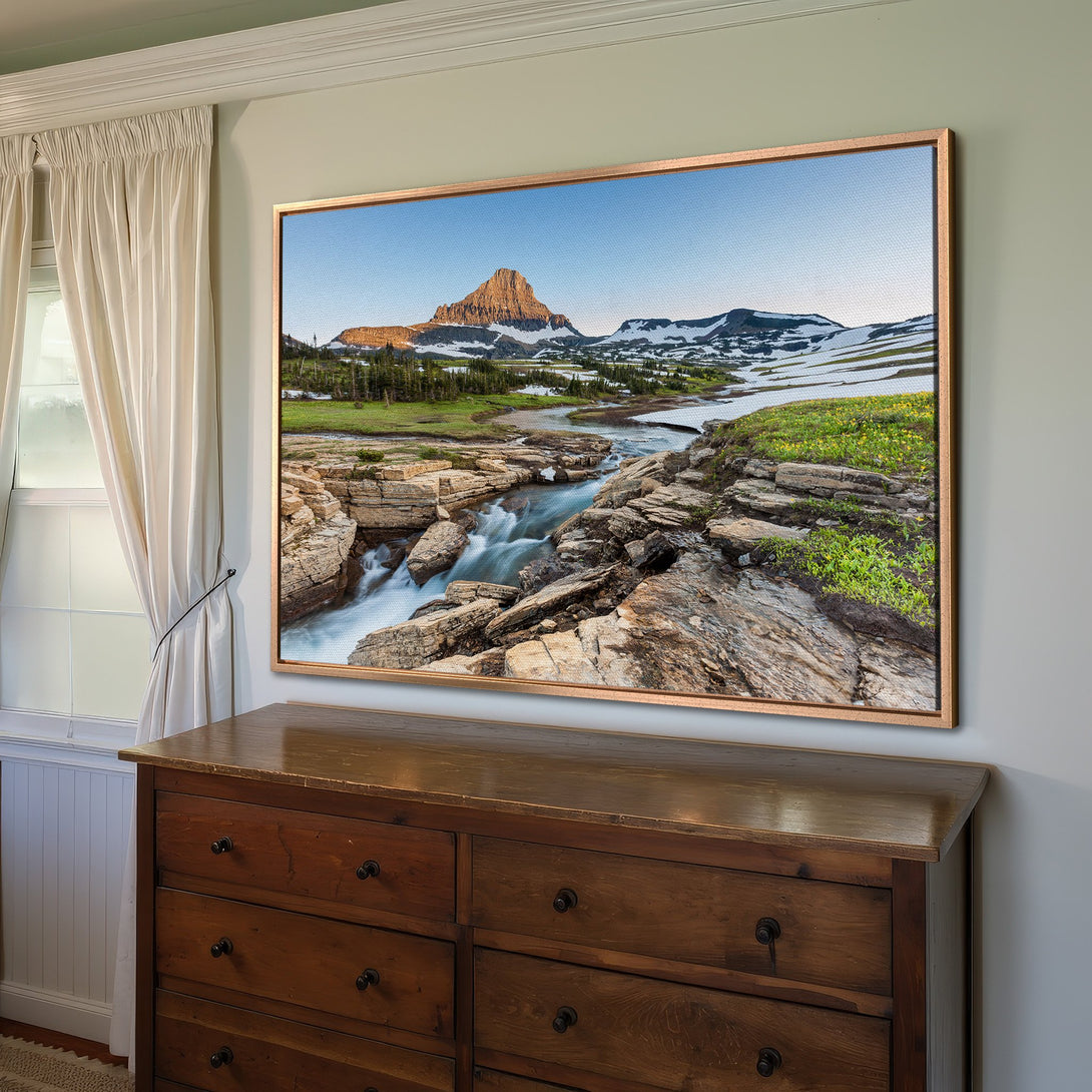 Framed Wall Art: Stunning mountain landscape Canvas Print in warm, natural tones. Bring the beauty of nature into your home!
