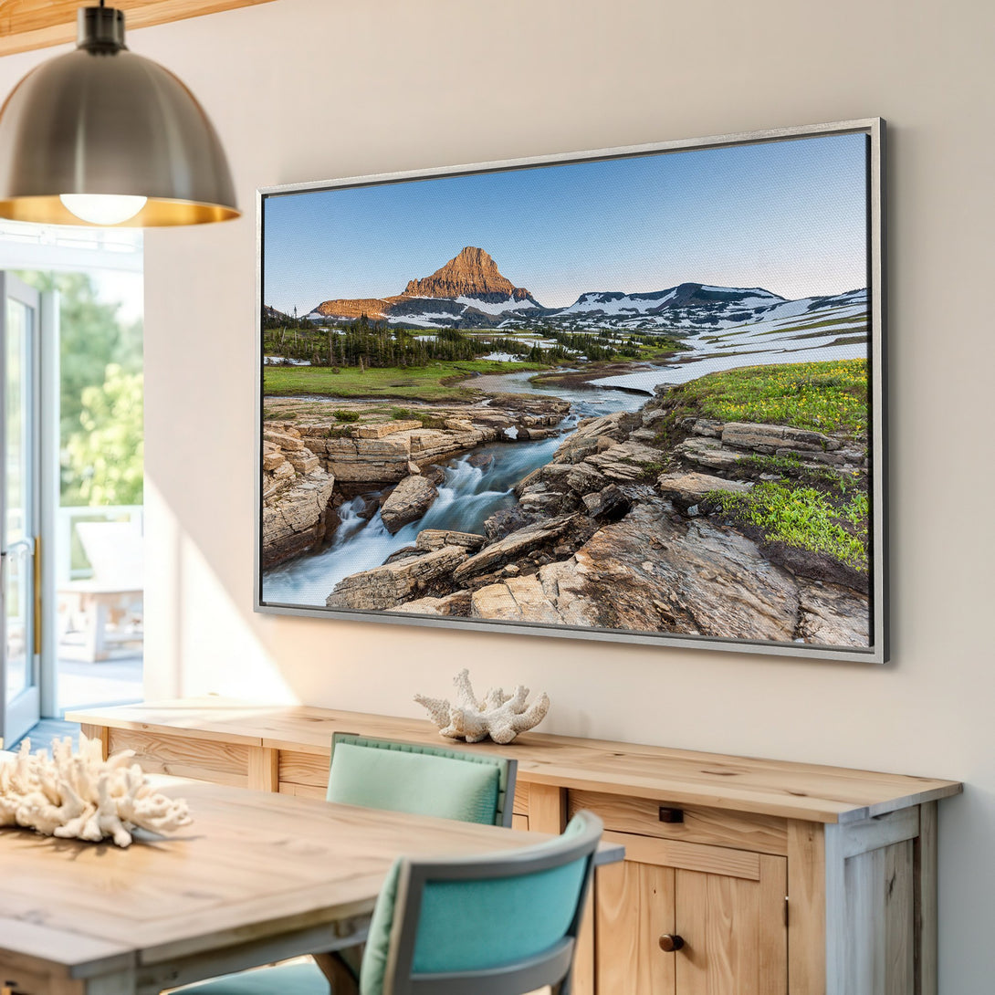 Framed Wall Art: Stunning mountain landscape Canvas Print. Earthy tones of blue, green, and brown create a serene focal point for any room. Bring nature indoors!