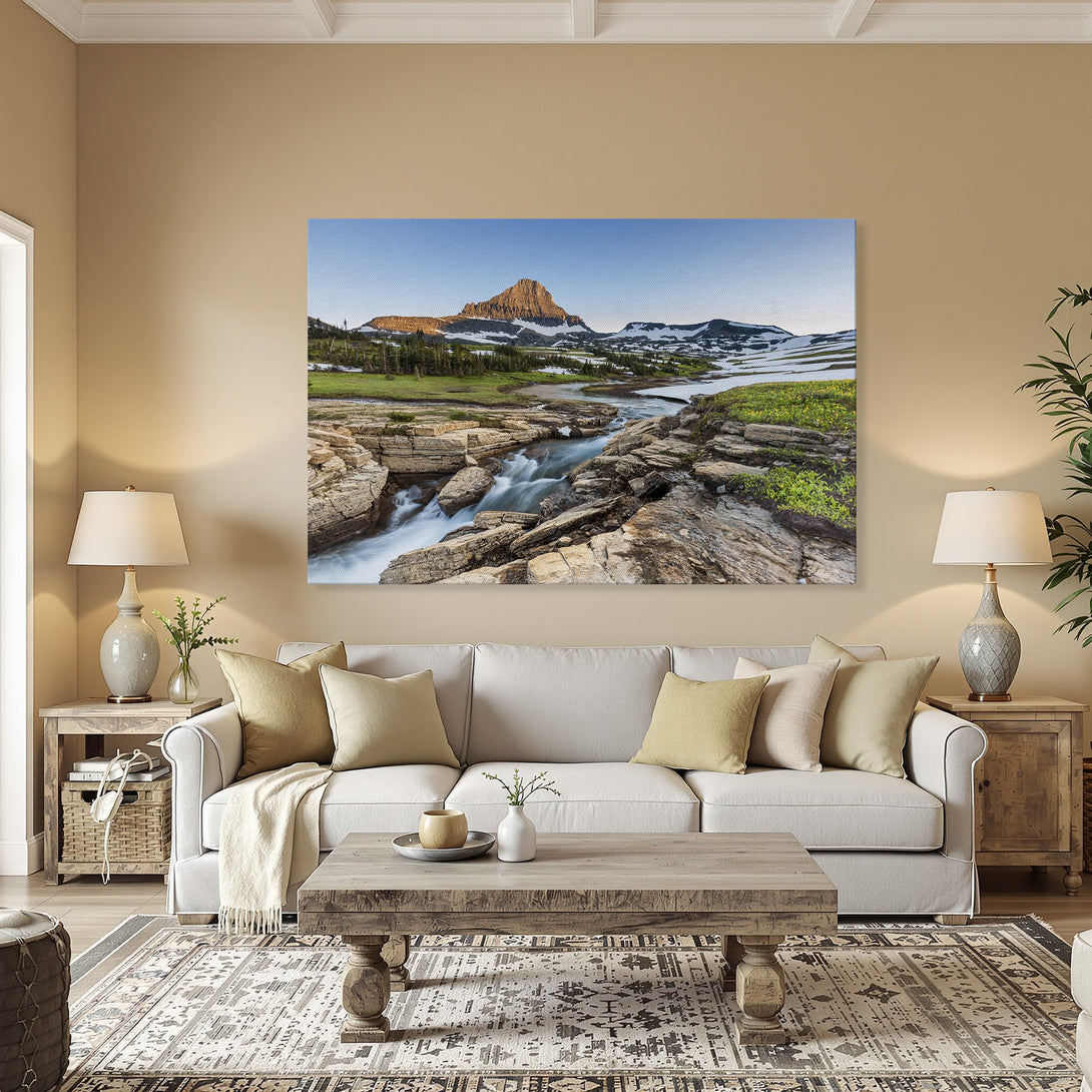 Framed Wall Art: Majestic mountain landscape canvas print. Nature-inspired art with a cool blue, green, and brown color palette. Perfect for home decor.