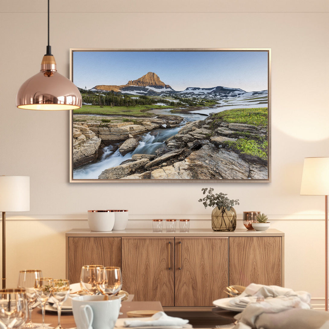 Framed Wall Art: Majestic mountain landscape Canvas Print with cool blues, greens, and earth tones. Perfect for adding a touch of nature to your home decor.