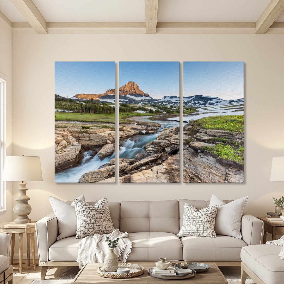 Canvas Print of a mountain landscape in a neutral interior. Earthy tones and blue sky create a serene vibe. Perfect for home decor!