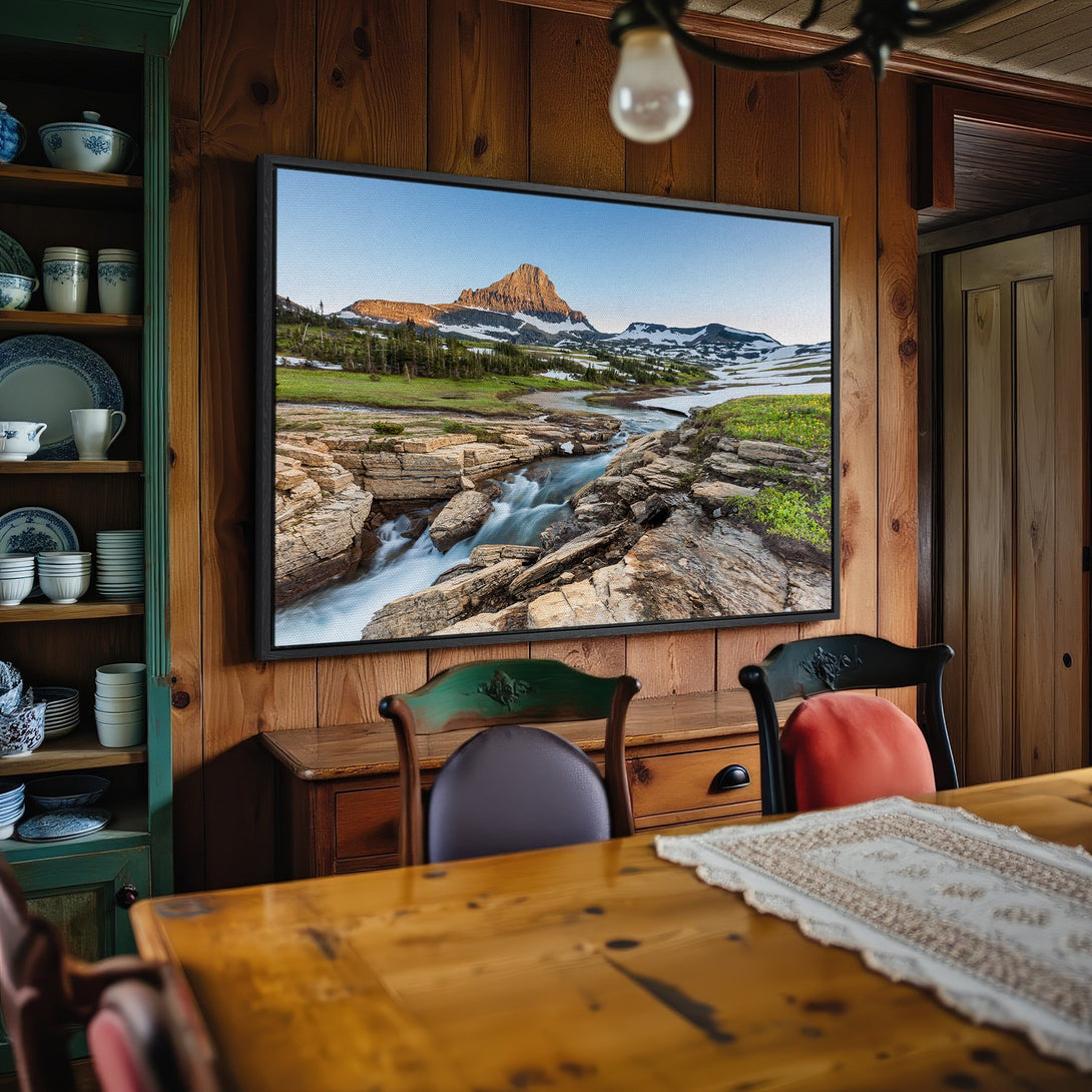 Canvas Print of a mountain landscape in a rustic interior. Earthy tones with blue and green accents. Framed wall art perfect for any home.
