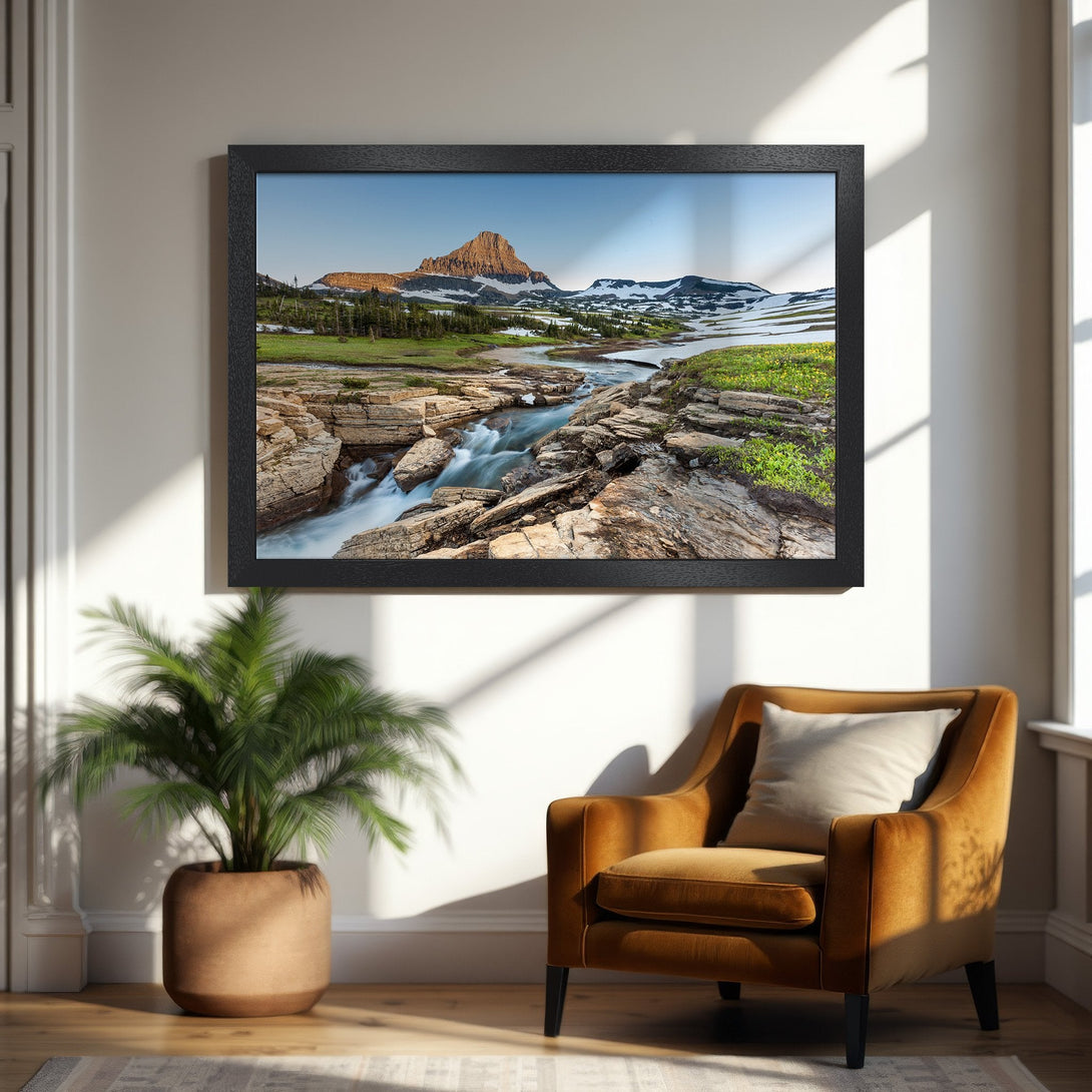Framed Poster of a mountain landscape in a natural style with green, blue, and brown tones. Perfect wall art for your home!