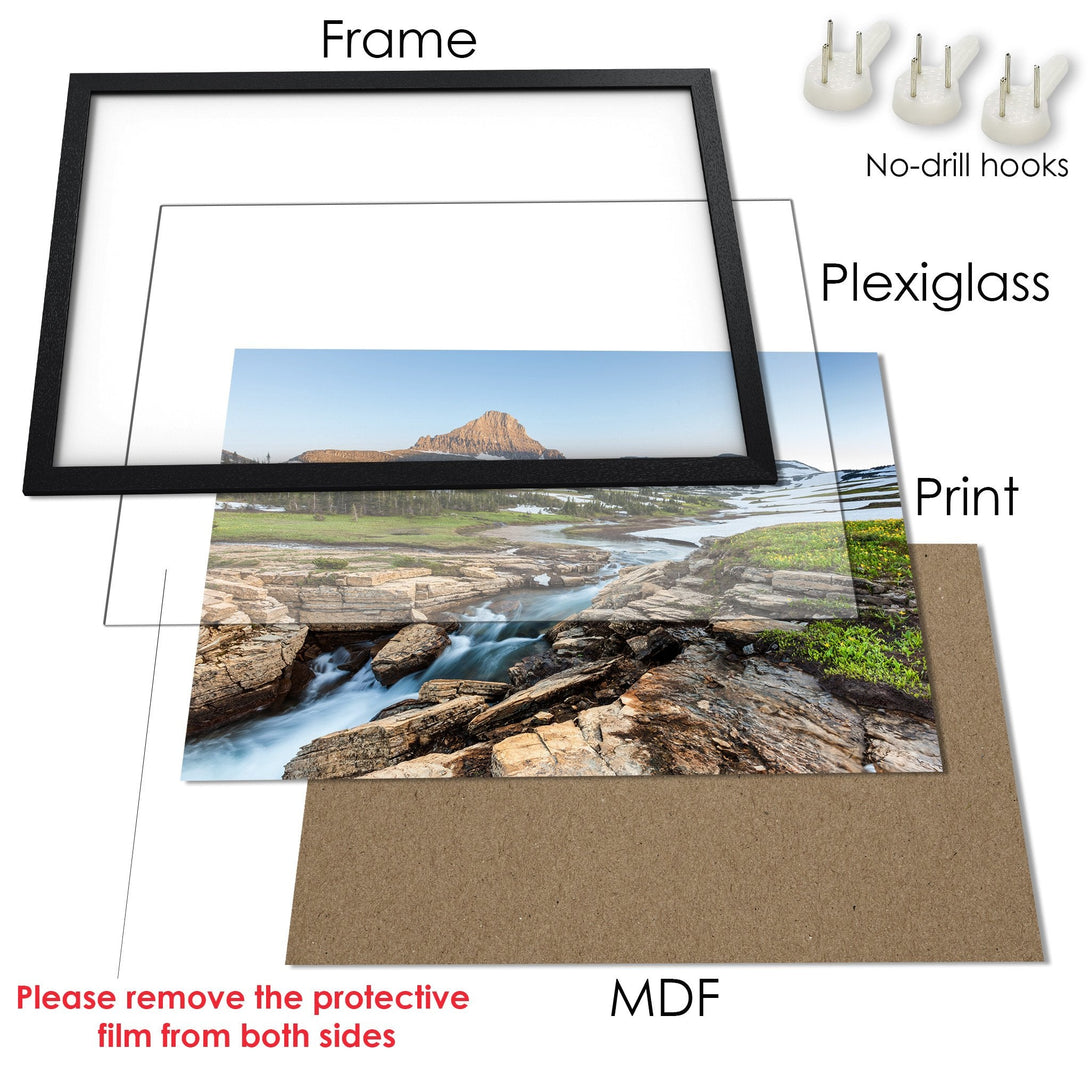 Framed Poster of a scenic mountain landscape in natural tones. Enhance your space with this beautiful art print!