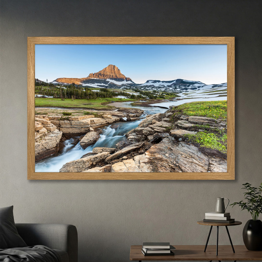 Framed Poster of a mountain landscape with a river, featuring natural colors and a serene style. Perfect wall art!