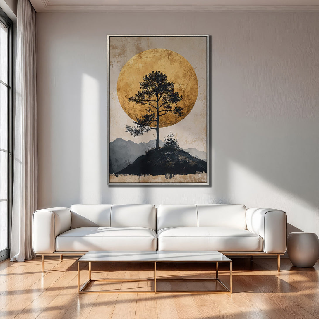 Framed Wall Art: Abstract tree art with gold and black tones, displayed in a modern living room setting. Enhance your decor with this stunning canvas print.