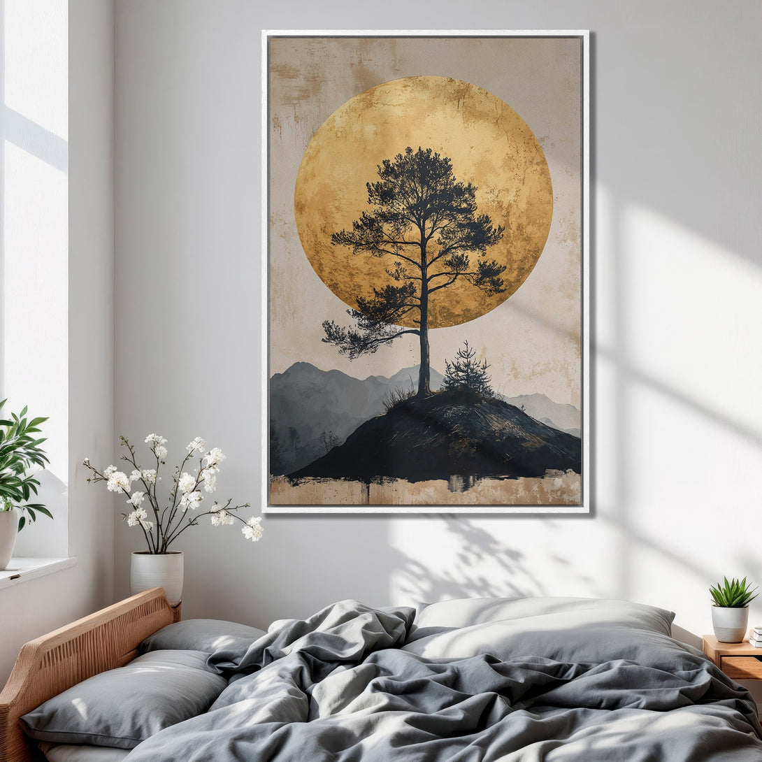 Framed Wall Art: Abstract landscape Canvas Print with a tree silhouette against a golden sun. Earthy tones create a calming, modern aesthetic for your bedroom.