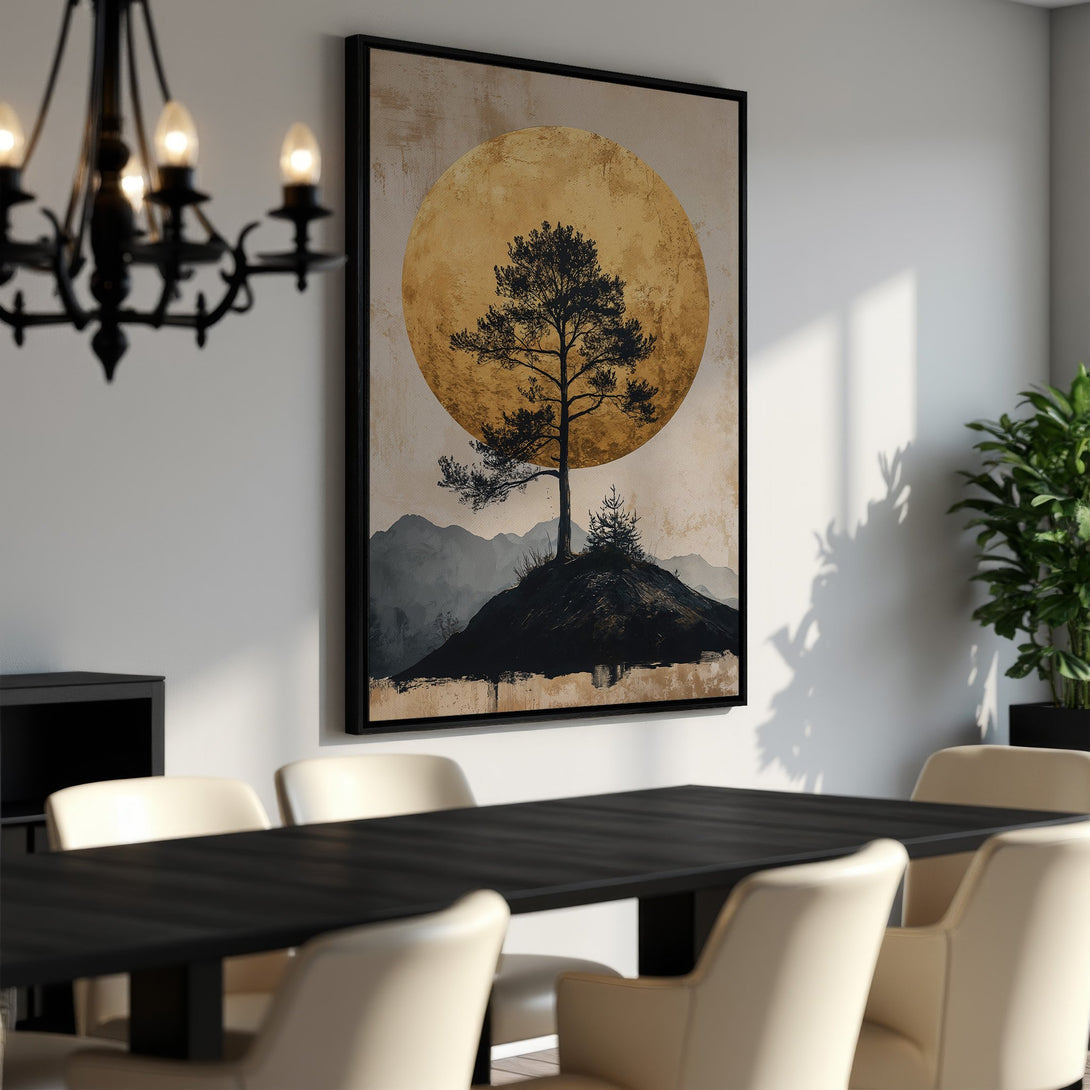 Framed Wall Art featuring a serene tree silhouette against a golden sun, adding a touch of zen to any space. Earthy tones and minimalist style.