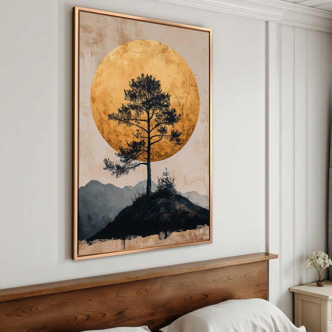 Framed Wall Art: Abstract landscape canvas print with a tree silhouette against a golden sun. Earthy tones of gold, black, and gray. Perfect for modern decor.