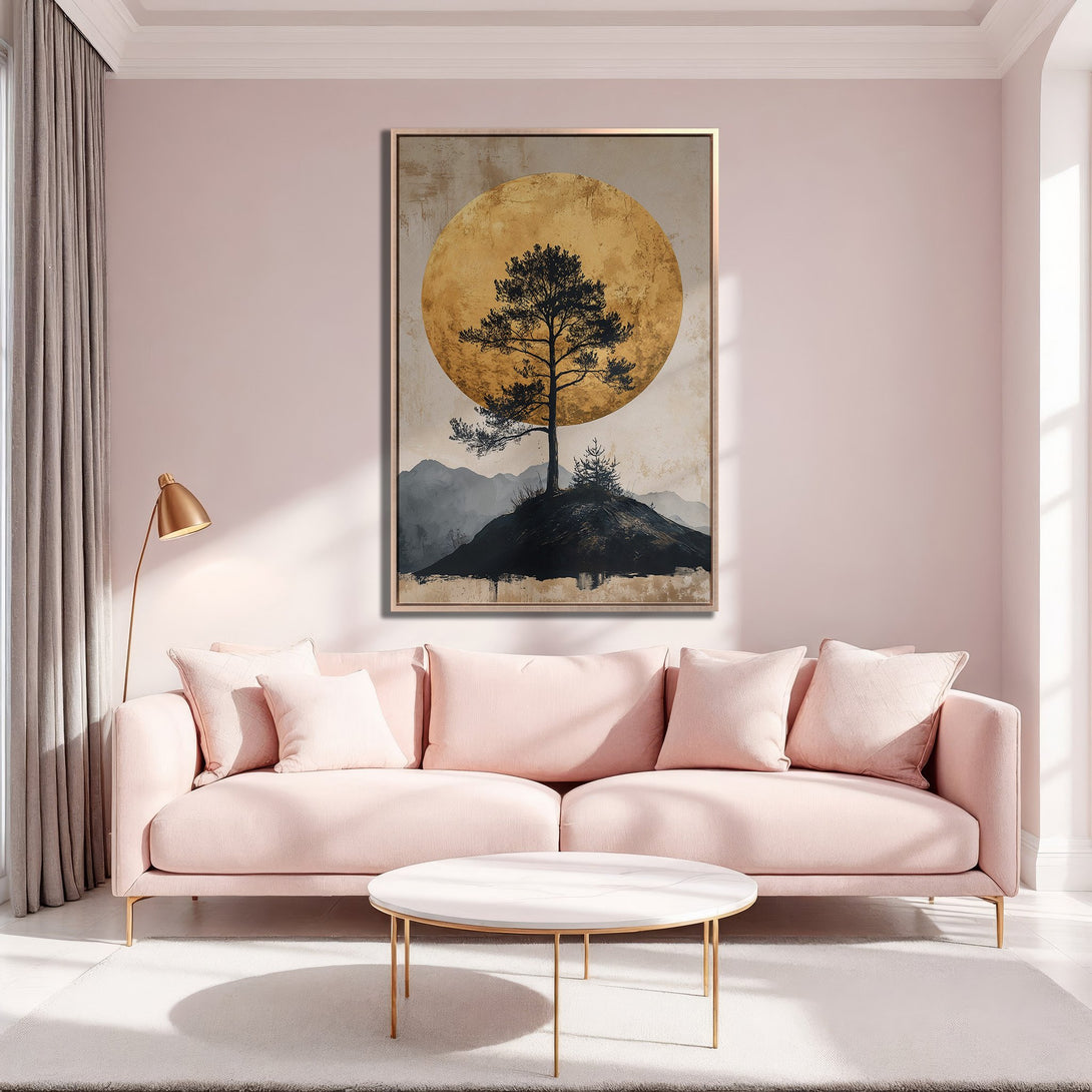 Framed Wall Art: Abstract tree art in gold & black tones. Modern canvas print with a warm, neutral color palette. Perfect for living room decor.