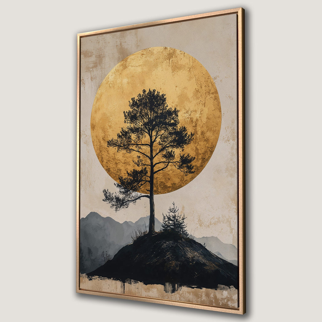 Framed Wall Art: Abstract tree silhouette against a golden sun, minimalist style, neutral & gold color palette, perfect for modern decor.