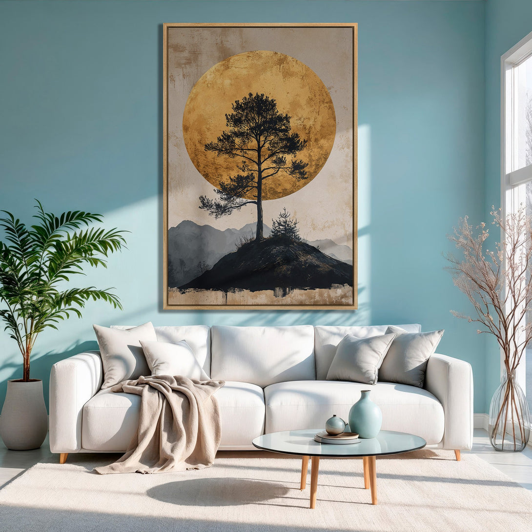Framed Wall Art: Abstract tree art with gold and black tones, displayed in a modern living room with a blue and neutral color palette.