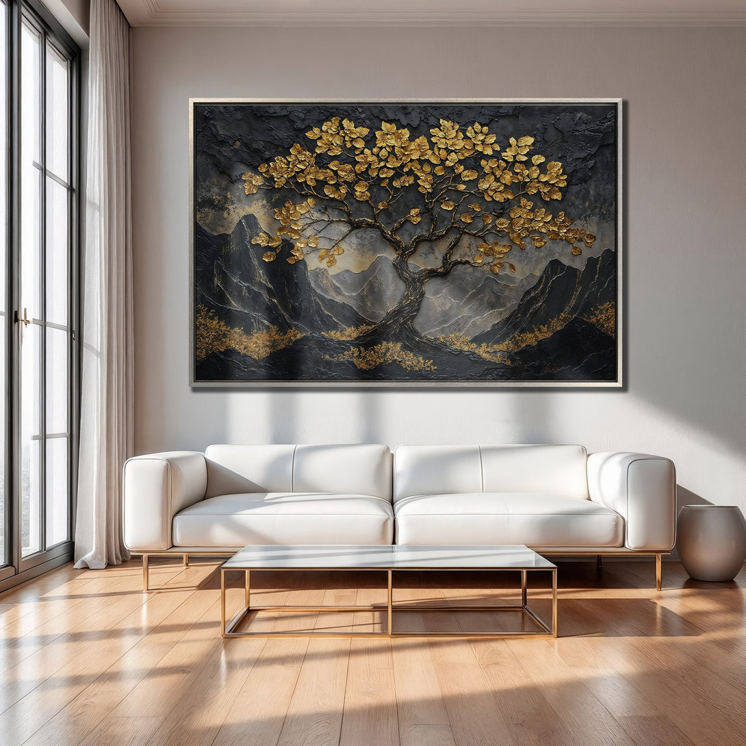 Framed Wall Art: Gold tree art print in a modern living room. Features a black and gold color palette, adding a touch of luxury.