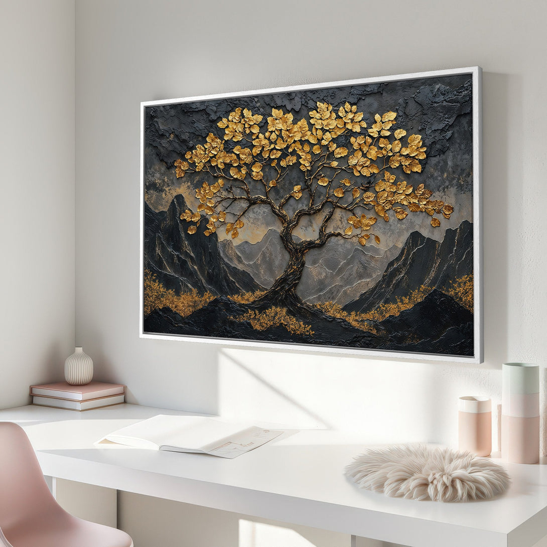 Framed Wall Art: Gold tree art print in a modern interior. Features a textured, gold and black color palette. Elevate your space with this stunning piece!