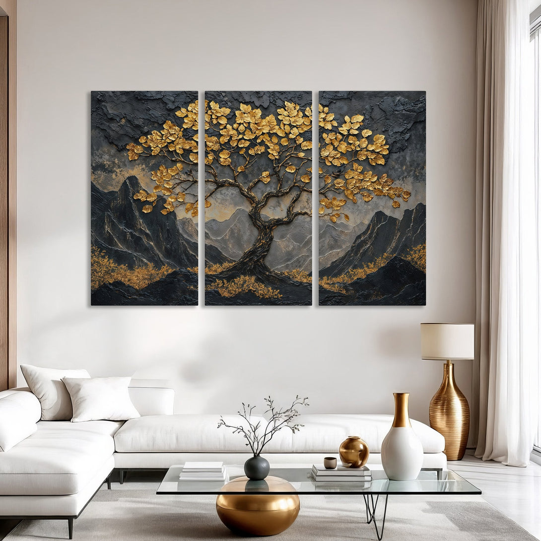 Canvas Print of a gold leaf tree art piece in an interior setting. Modern, abstract style with gold and black color palette.