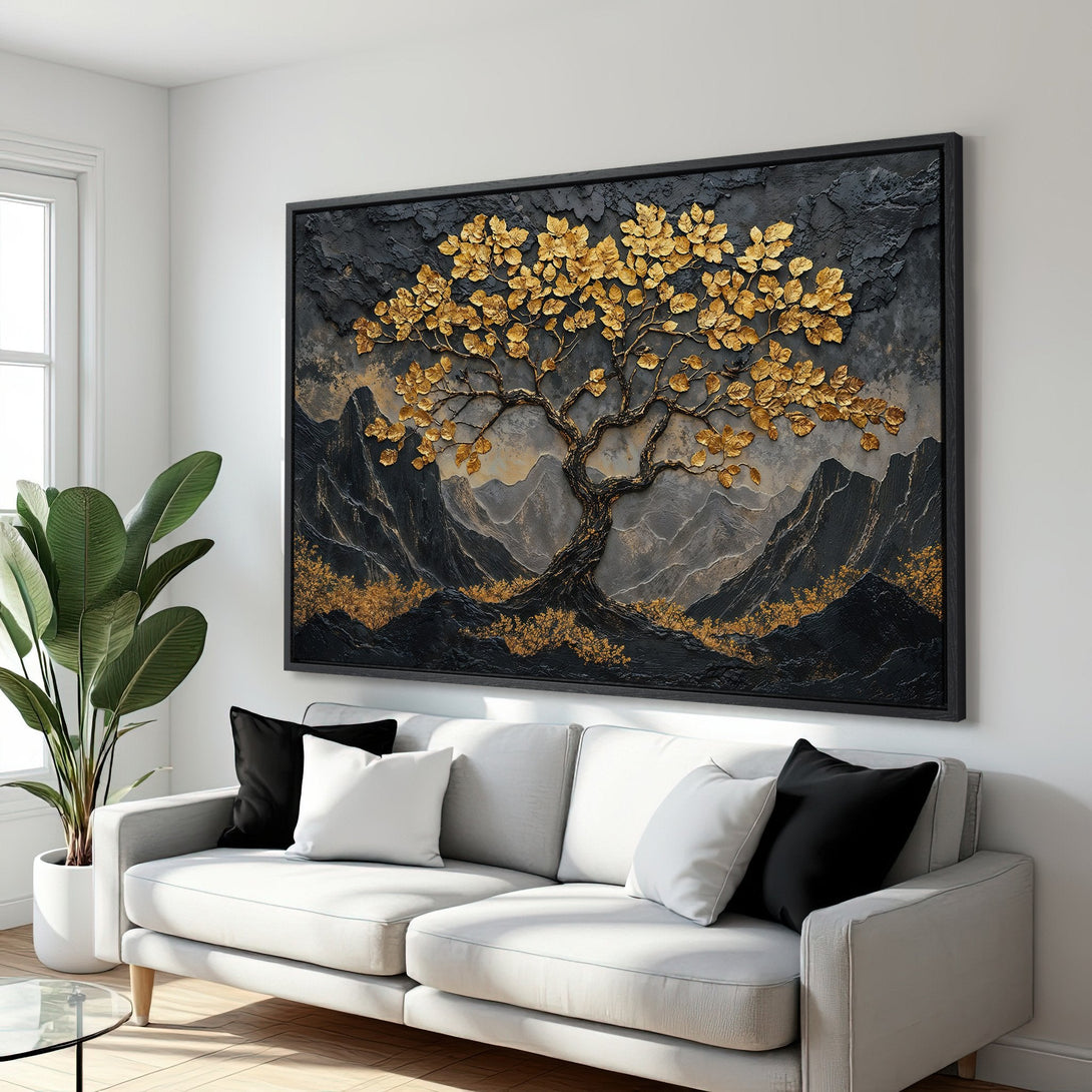 Framed Wall Art: Gold tree art print on textured black background. Modern decor with gold and grey color palette, perfect for living room or bedroom.