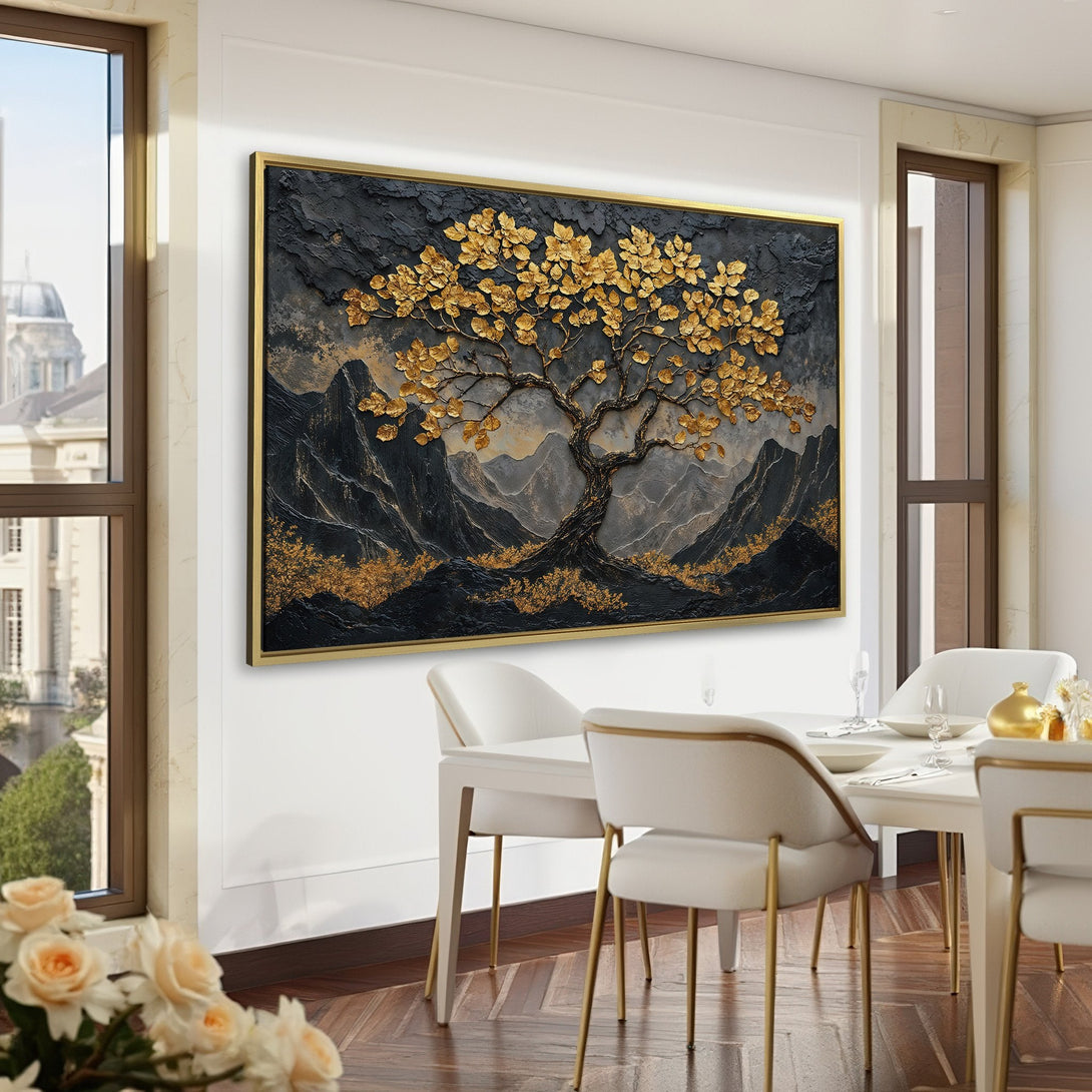 Canvas Print of a golden tree landscape. Modern art with black, gold, and green tones. Perfect for adding a touch of luxury to your home.