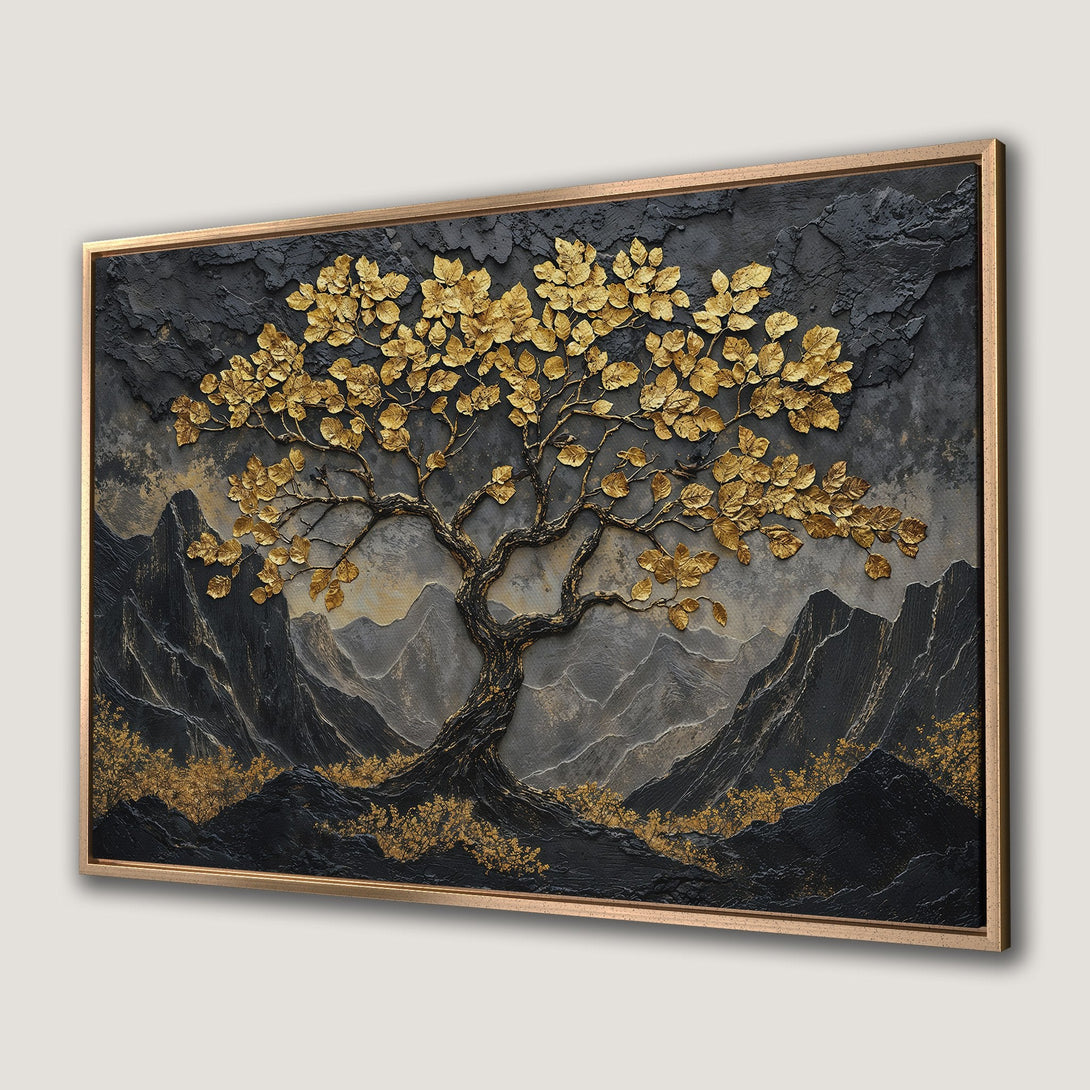 Framed Wall Art: Stunning gold leaf tree art on textured black canvas. Elegant, modern decor with a dramatic, luxurious color palette.