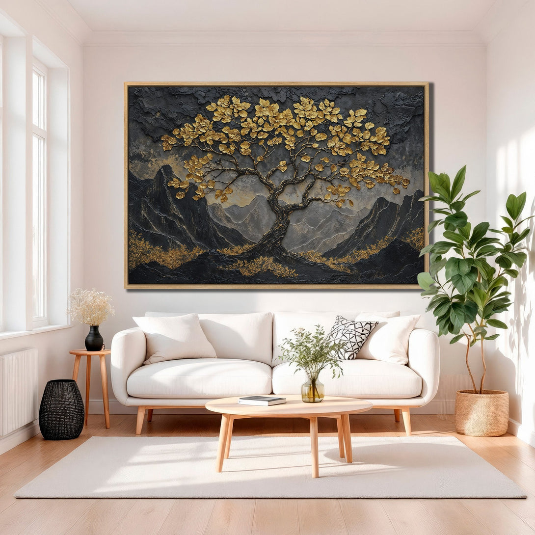 Framed Wall Art: Stunning gold tree art on a textured black background. Modern, elegant decor with a gold and dark gray color palette. Elevate your space!