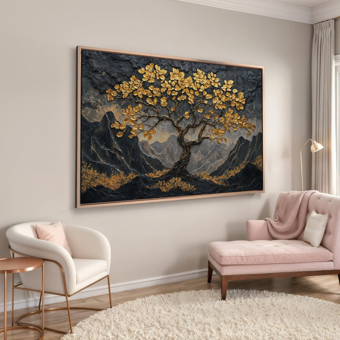 Framed Wall Art: Gold leaf tree canvas print in a modern style. Features black, grey, and gold color palette. Perfect for living room decor.