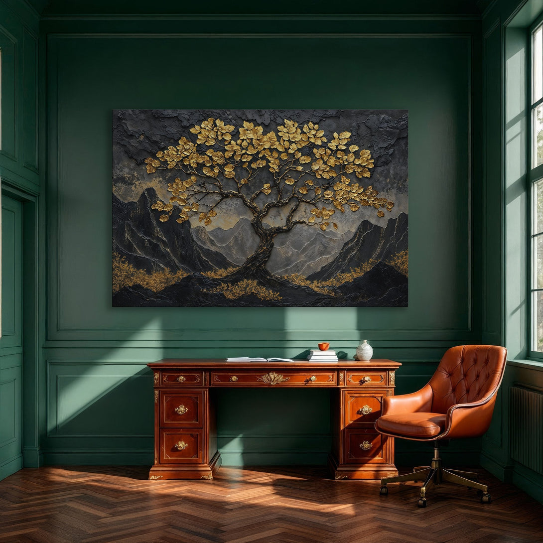 Framed Wall Art: Gold leaf tree canvas print in a modern dining room. Elegant black, gold, and gray color palette. Elevate your space!