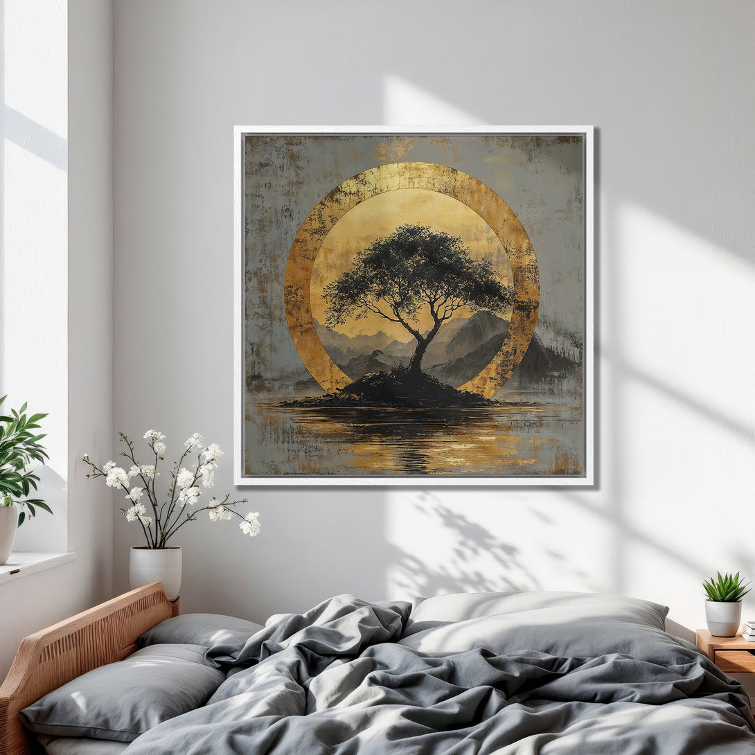 Framed Wall Art: Abstract tree art in gold and gray tones. Modern Canvas Print for bedroom decor. Enhance your space with this stylish artwork.