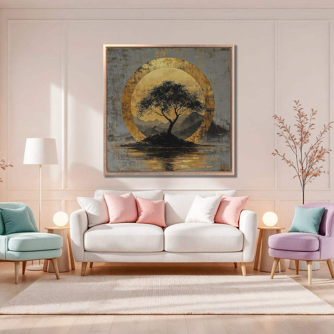 Framed Wall Art: Abstract tree landscape in gold and gray tones. Modern canvas print adds a touch of zen to any living room.