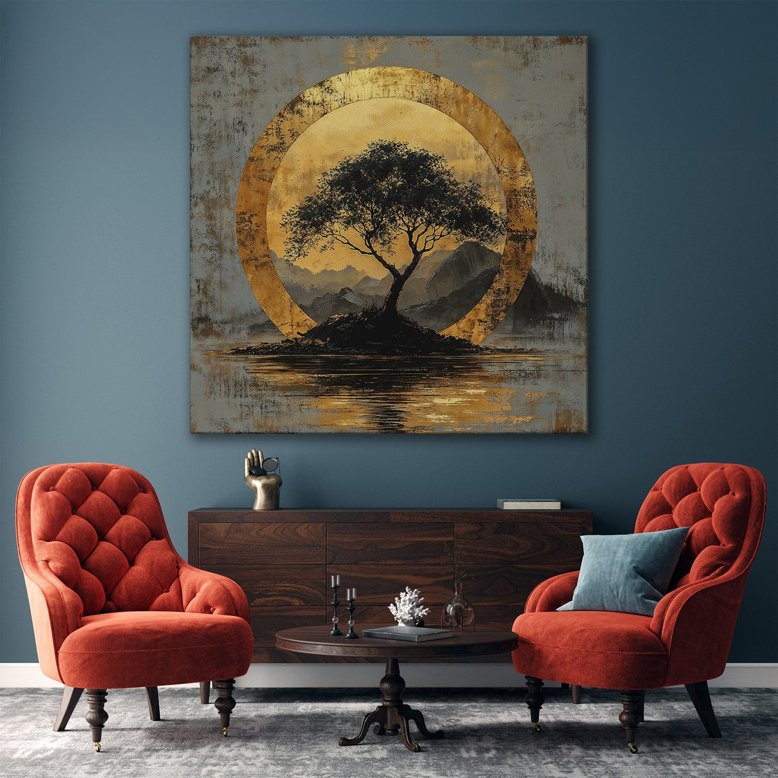 Framed Wall Art: Abstract tree art in gold and gray tones. Modern style Canvas Print with a serene, zen-like aesthetic. Perfect for living room decor.