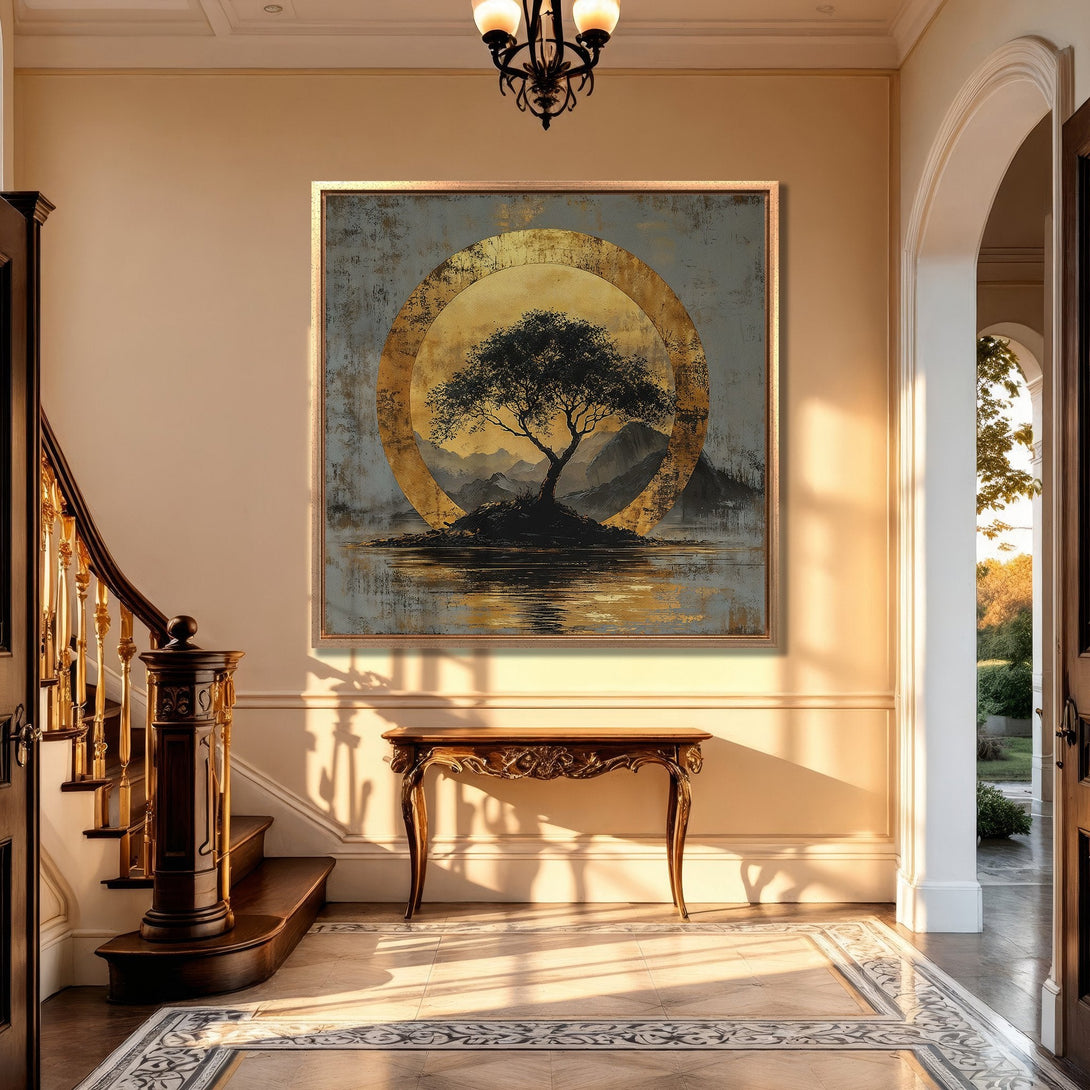 Framed Wall Art: Abstract tree landscape in gold and gray tones. Modern art canvas print adds elegance to any interior. Shop now for home decor.