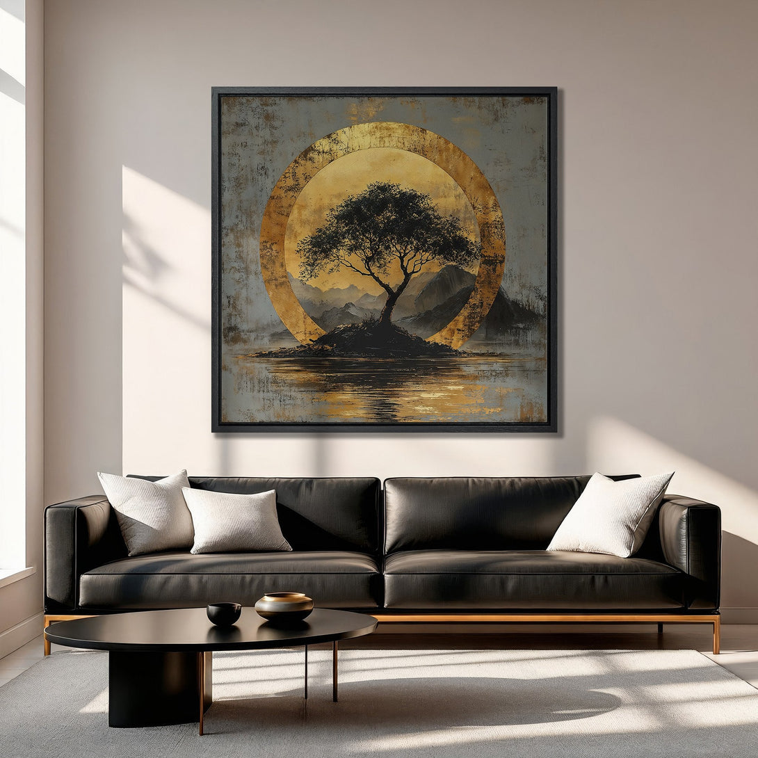 Framed Wall Art featuring a serene tree landscape in gold and gray tones. Modern abstract art perfect for living room decor.