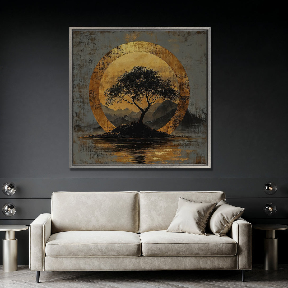 Framed Wall Art: Abstract tree art in gold and gray tones. Modern canvas print adds a touch of zen to any interior. Shop now for wall decor!
