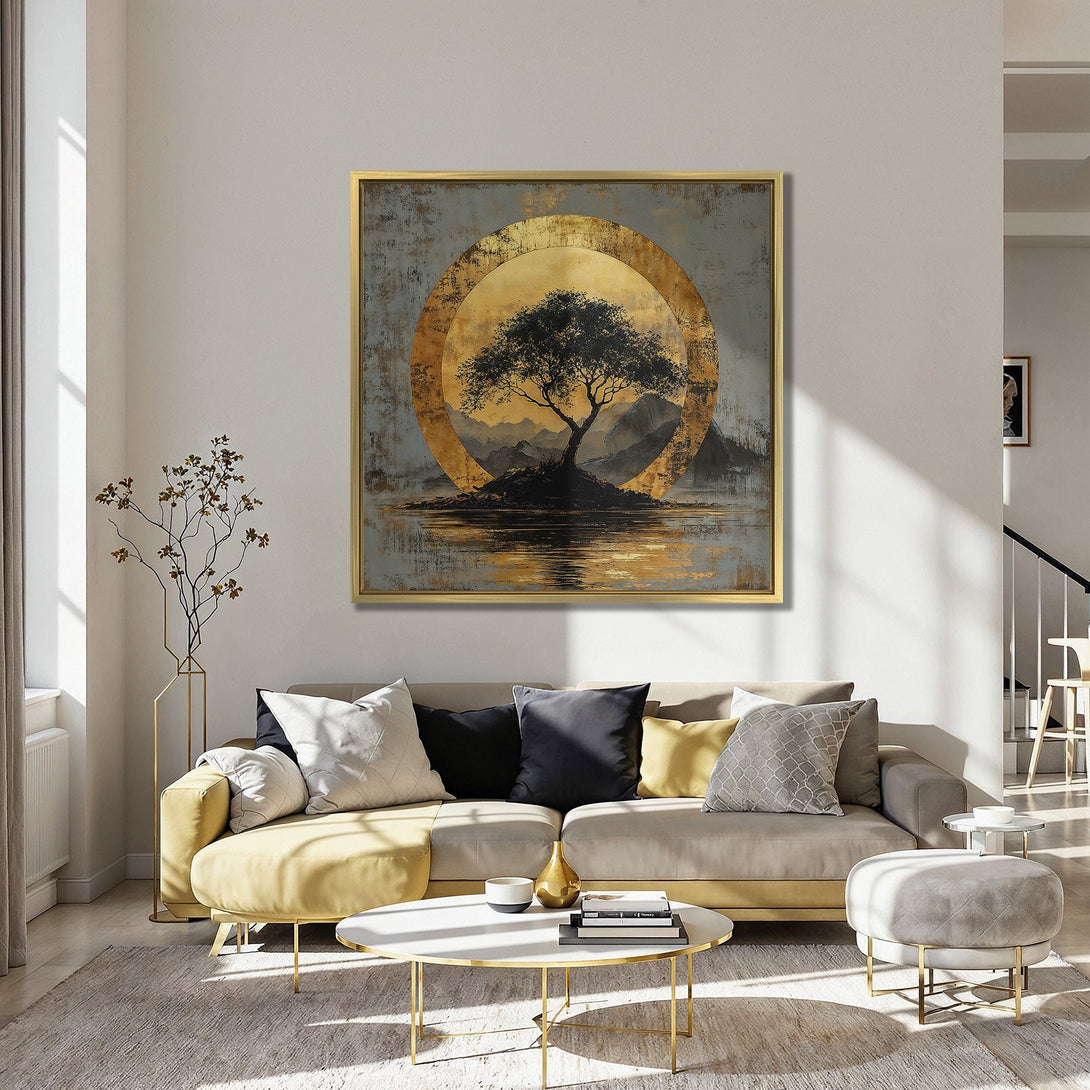 Canvas Print featuring a serene tree landscape in gold and gray tones. Modern art for home decor, adding a touch of elegance.
