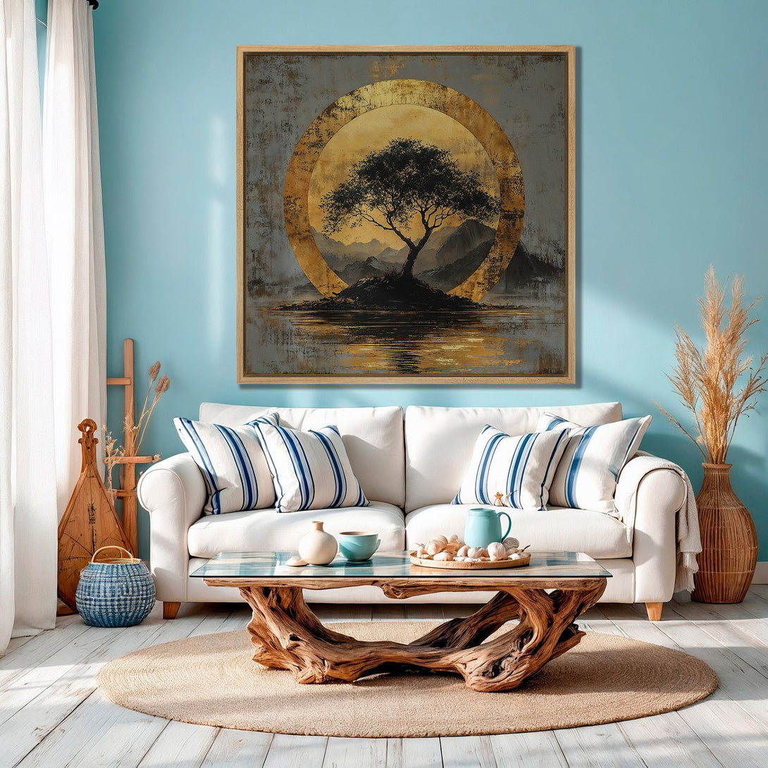 Framed Wall Art: Abstract tree art in gold and gray tones. Modern canvas print adds a touch of zen to any space. Coastal-inspired decor.
