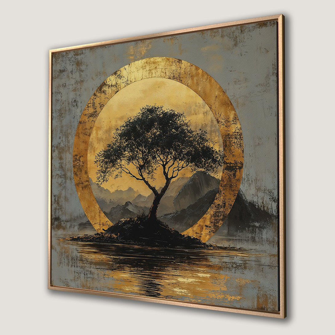 Framed Wall Art: Abstract tree landscape in gold and gray tones. Modern art canvas print for a stylish home.