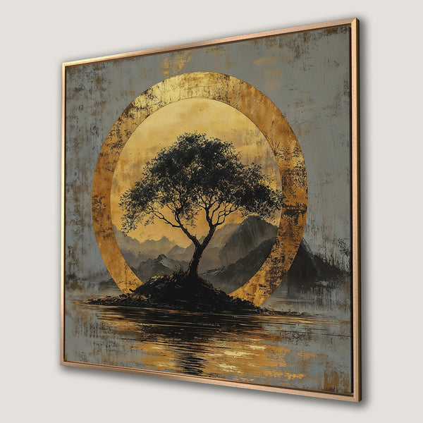 Framed Wall Art: Abstract tree landscape in gold and gray tones. Modern art canvas print for a stylish home.
