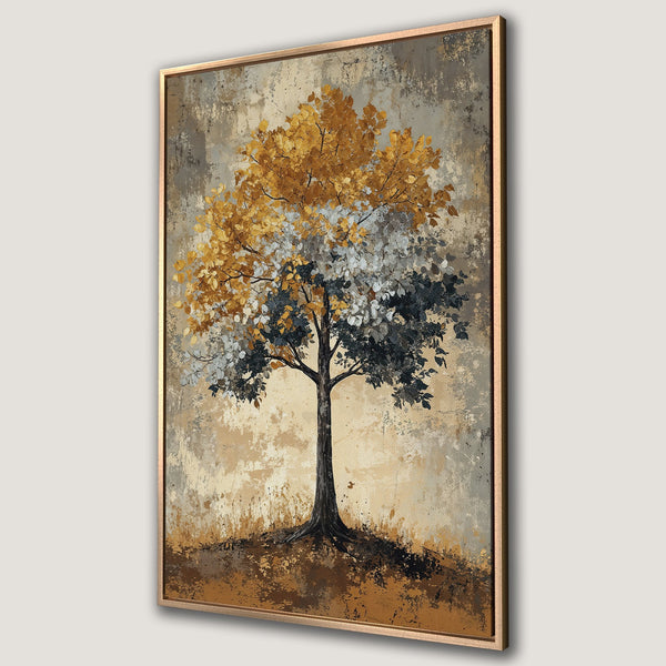 Framed Wall Art: Abstract tree painting in gold, grey, and brown. Modern art canvas print adds warmth and style to any space.