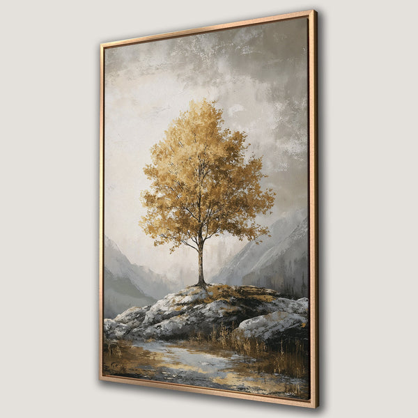 Framed Wall Art: Golden tree landscape painting in neutral tones. Abstract art print with a warm, inviting color palette for modern home decor.