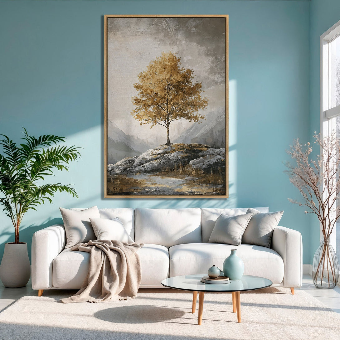 Framed Wall Art: Golden tree landscape canvas print in a modern living room. Earthy tones and serene aesthetic for a calming home decor.