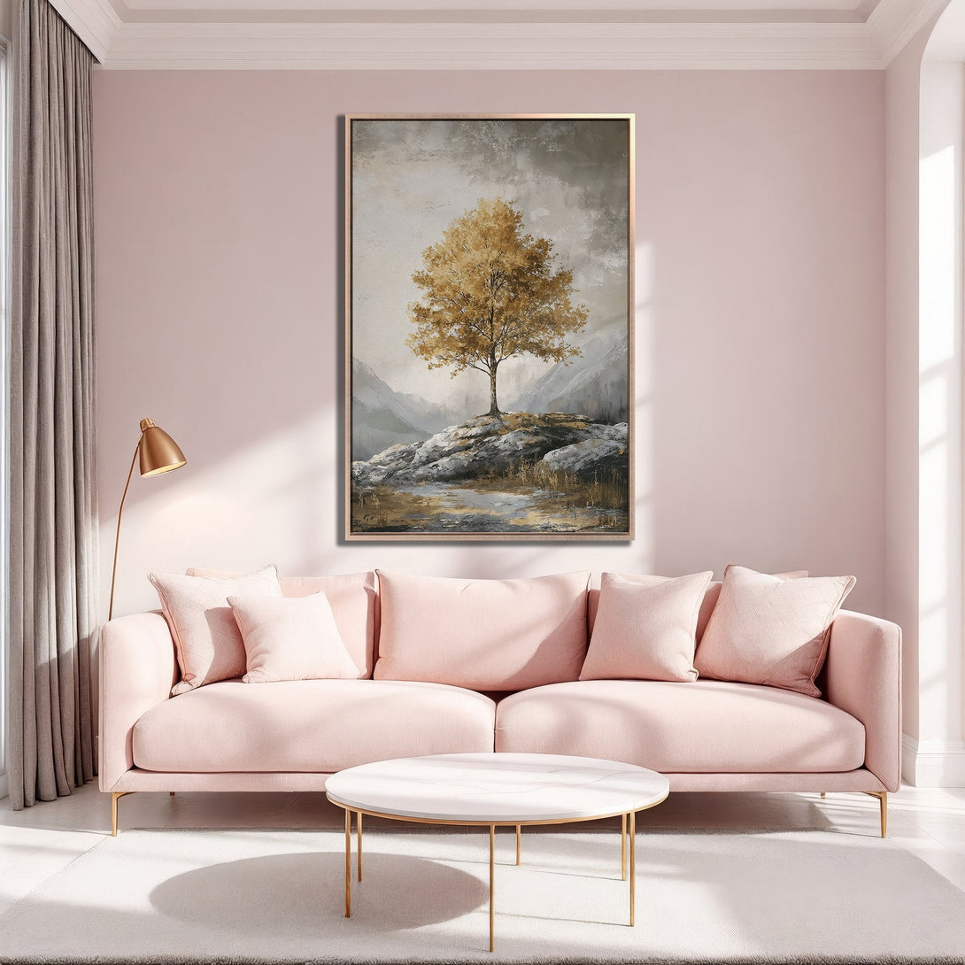 Framed Wall Art featuring a golden tree landscape. Soft, neutral color palette complements a modern living room. Elevate your space with this stunning Canvas Print.