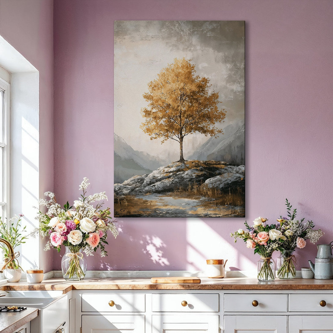 Framed Wall Art: Abstract landscape Canvas Print with a golden tree, neutral tones, and a touch of gold, perfect for modern home decor.