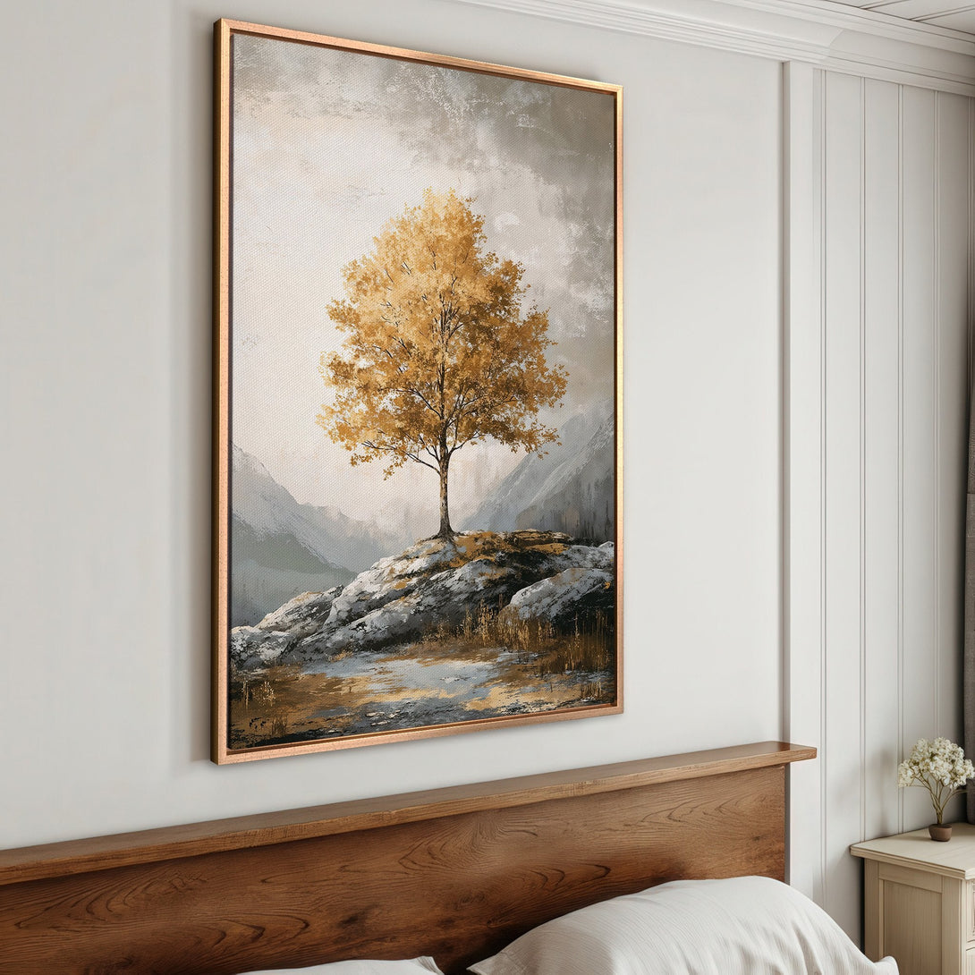 Framed Wall Art featuring a golden tree landscape painting. Earthy tones and a serene style create a calming ambiance for any room. Perfect for home decor.