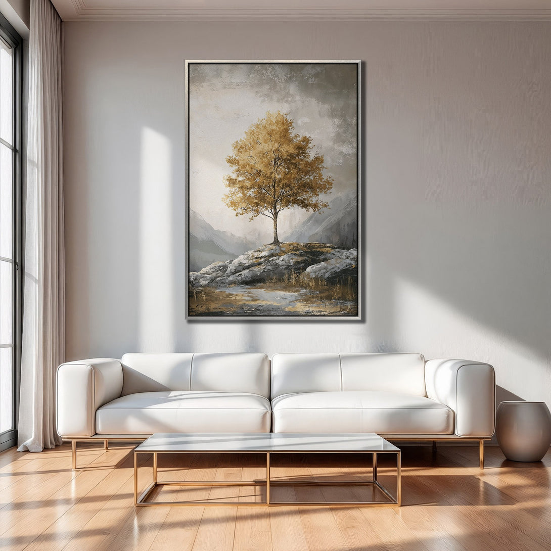 Framed Wall Art: Golden tree landscape canvas print in a modern living room. Neutral color palette with gold and gray tones. Perfect home decor.