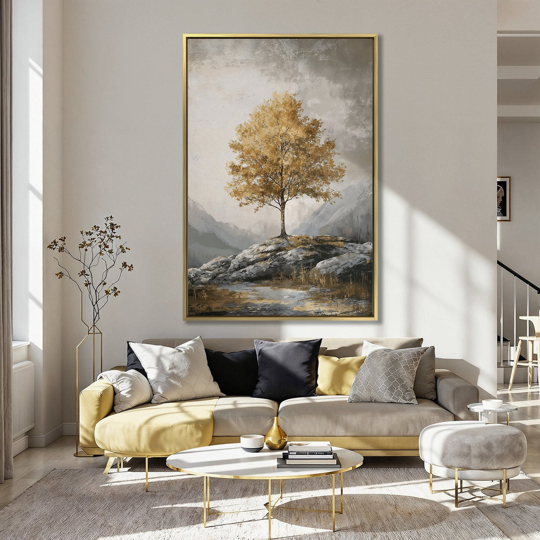 Canvas Print of a golden tree landscape in a neutral color palette, perfect for adding a touch of nature to your home decor.