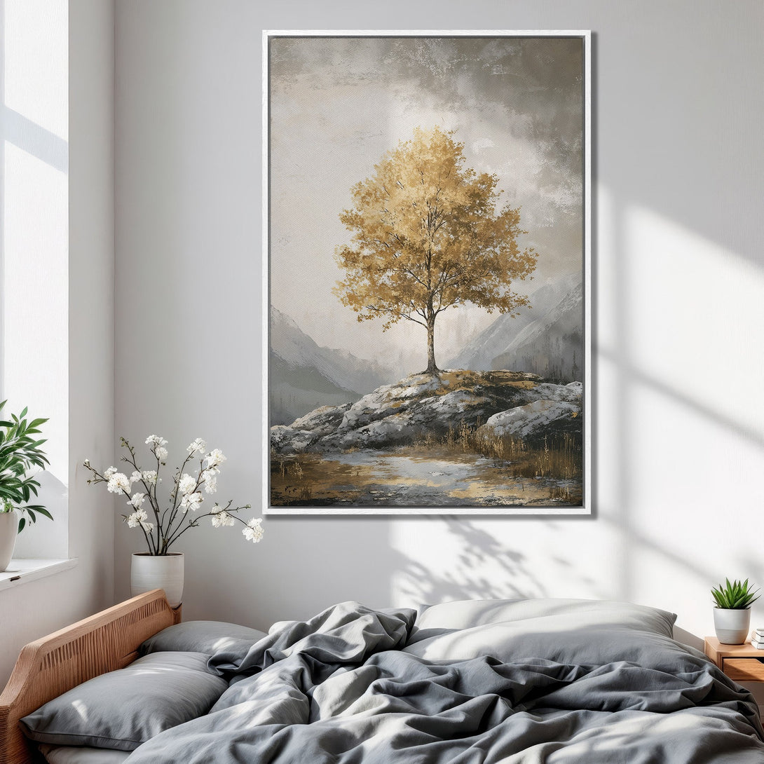 Framed Wall Art featuring a golden tree landscape. Neutral color palette adds a touch of elegance to any room. Perfect for bedroom decor!