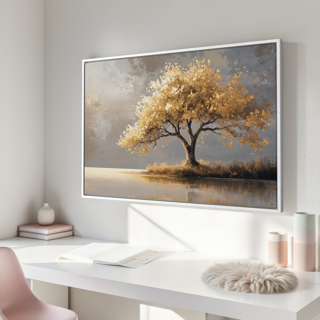 Framed Wall Art: Golden tree landscape canvas print. Neutral palette with gold, gray, and beige tones. Perfect for modern home decor.