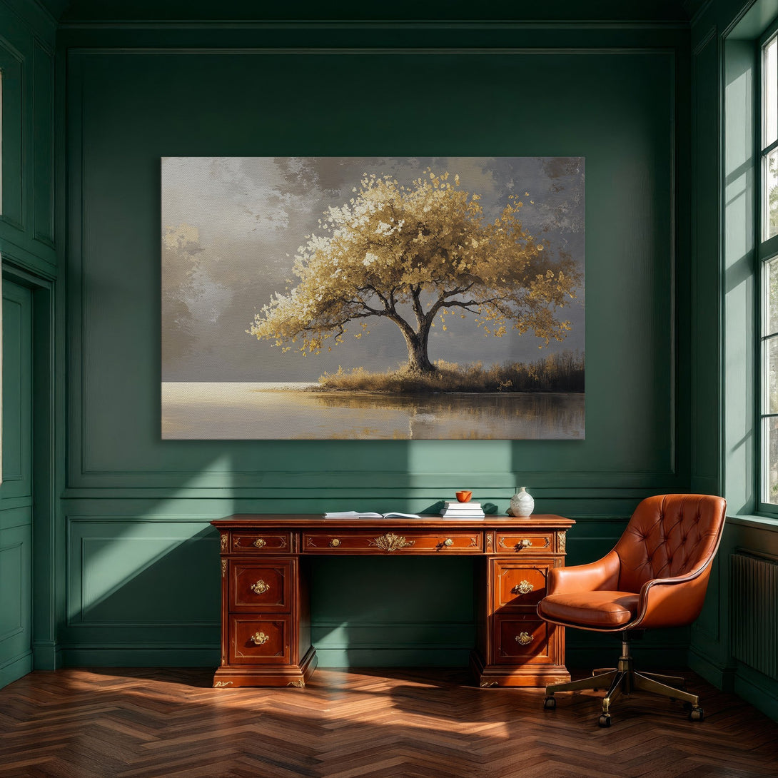 Framed Wall Art: Golden tree landscape canvas print. Neutral color palette, perfect for dining room decor. Enhance your space with art.